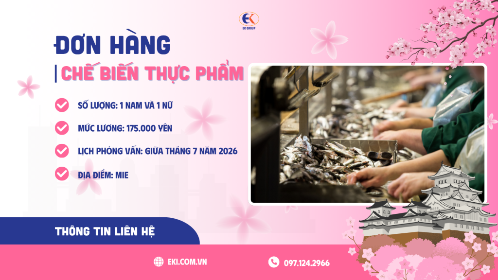 Tuyển 1 nam và 1 nữ nhân viên đơn hàng chế biến thực phẩm tại Mie