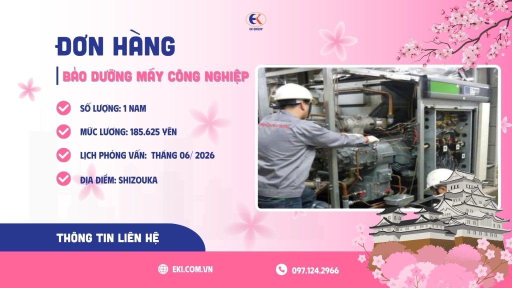 Tuyển 1 nam nhân viên bảo dưỡng máy công nghiệp làm việc tại Shizuoka