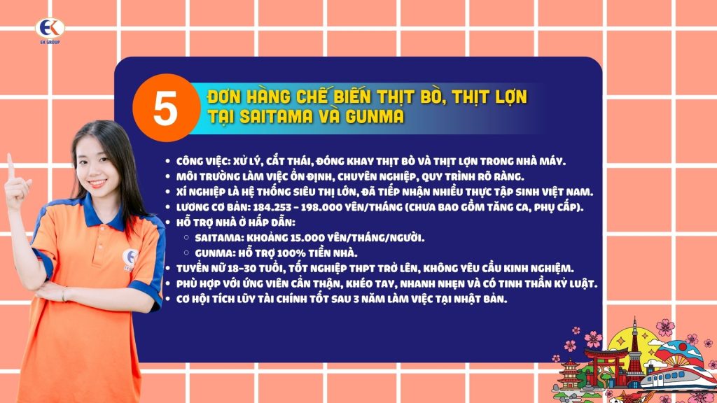 Đơn hàng chế biến thịt bò, thịt lợn tại Saitama và Gunma