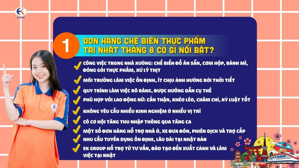 Tổng hợp đơn hàng chế biến thực phẩm tại Nhật tháng 8 tại EK GROUP